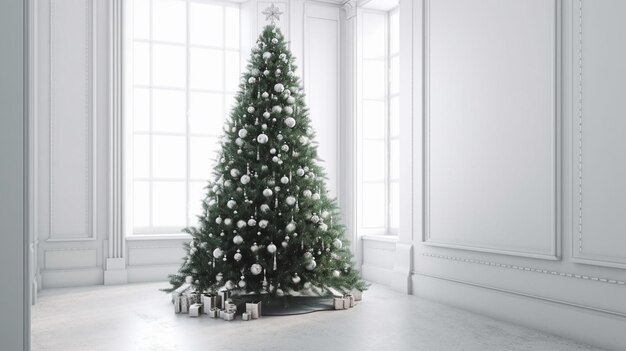 A white christmas tree in a white room with a star on top