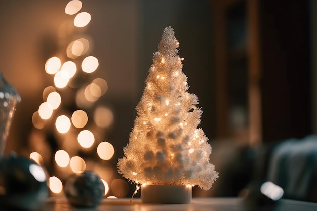 White Christmas tree with lights in the distance Christmas and New Years background unfocused