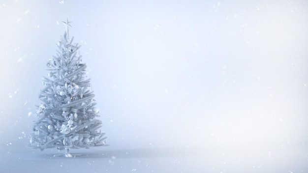 White Christmas tree with snowfall on a white background with copy space.