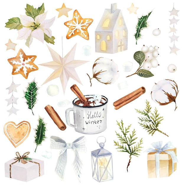 White christmas watercolor elements isolated