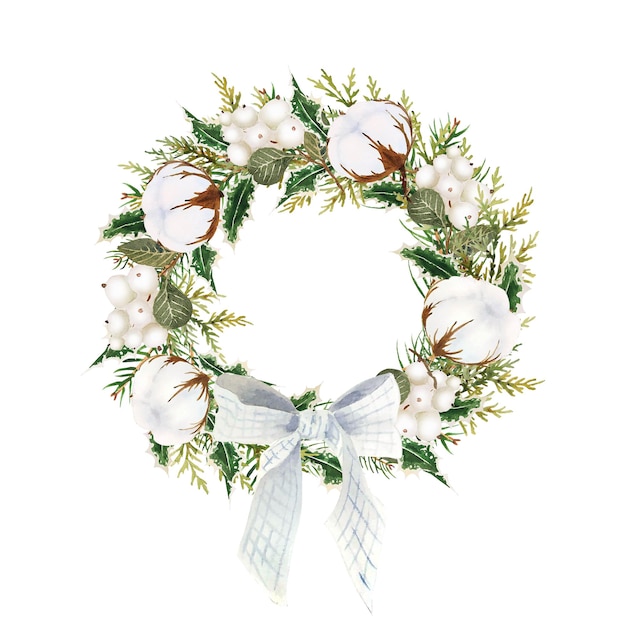 White christmas watercolor wreath with cotton flowers and snowberries