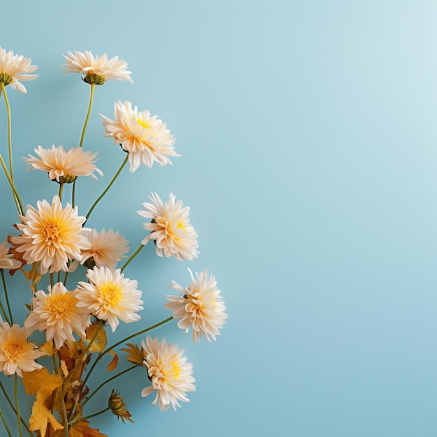 White chrysanthemum flowers on blue background