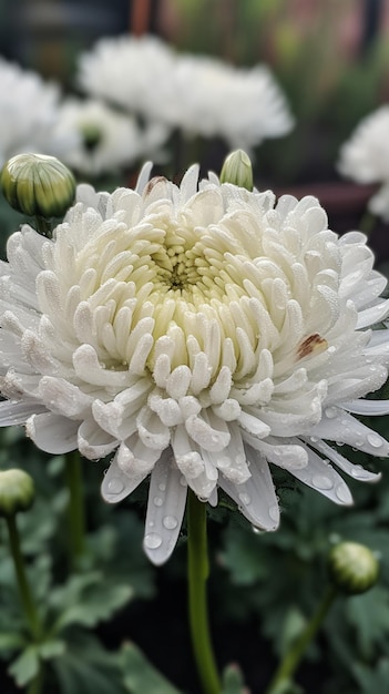 A white chrysanthemum with the word chrysanthemum on it