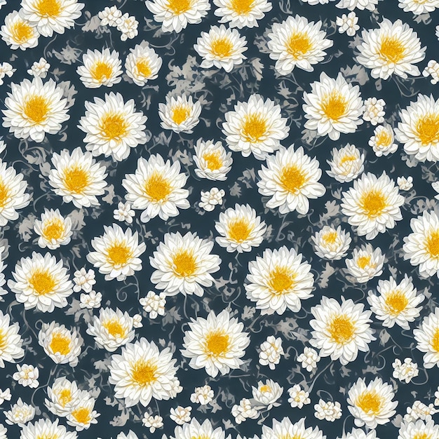 White chrysanthemums on a pink background Generative AI retro drawing idea for packaging or wrapping gifts or flowers endless pattern