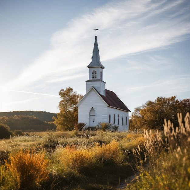 a white church in a field