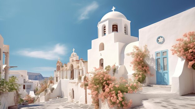 A white church in santorini with a blue sky in the background.