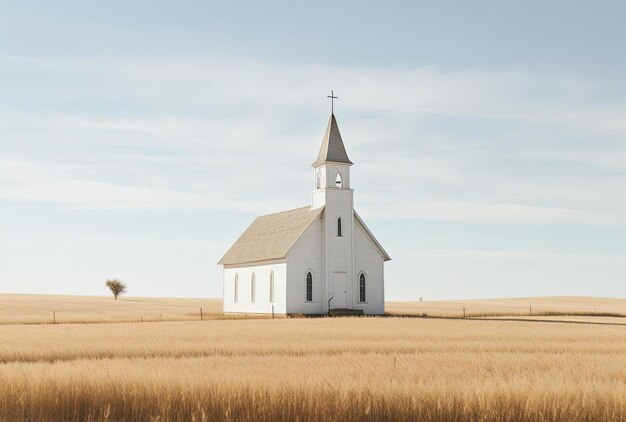 Photo white church with a steeple and in the style of layered veneer panels