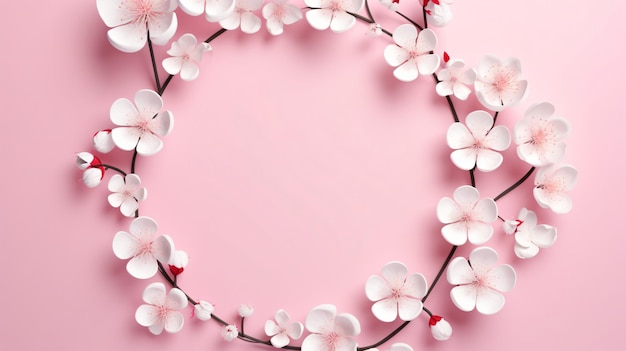 Photo white circle background is decorated natural flowers