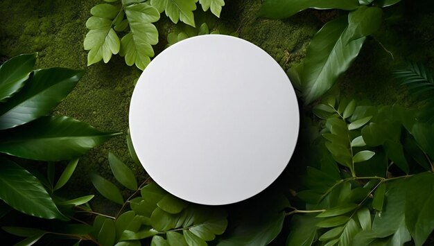 Photo a white circle on a green background with leaves and a white circle on the right