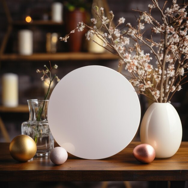 Photo white circle greeting card with blank front realistic on a mockup template in a wooden table in a easter luxuty background in home inside