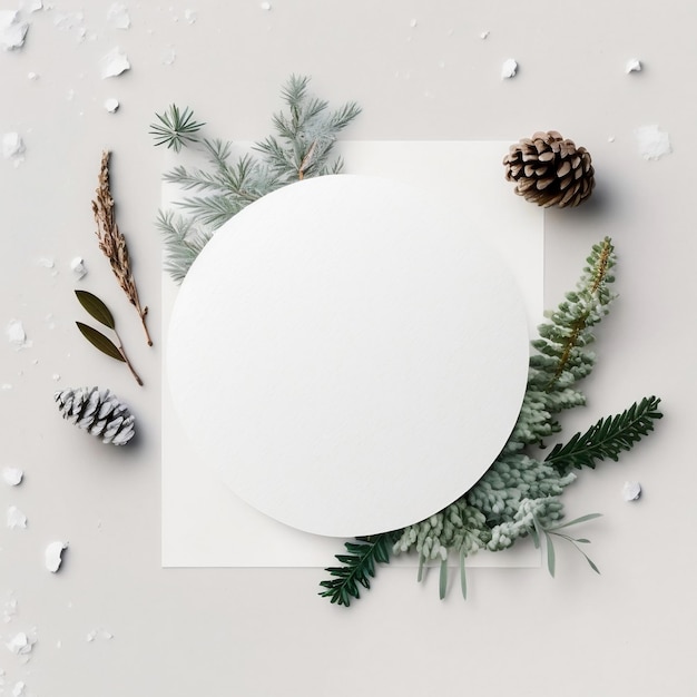 A white circle is surrounded by snow and pine branches