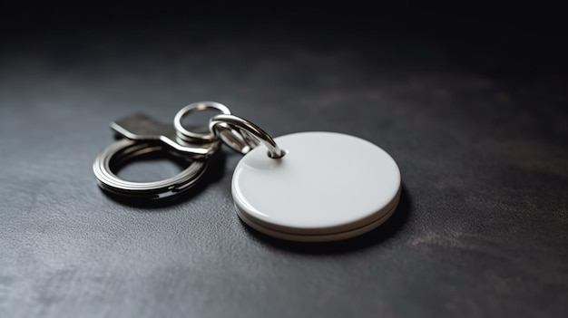A white circle on a keychain is laying on a black surface.