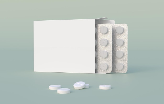 White circle pills in blister pack in cardbox packaging Mockup template 3d rendering