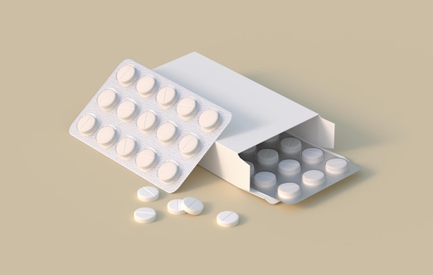 Pillole circolari bianche in confezione con due blister in confezione di cartone modello mockup rendering 3d