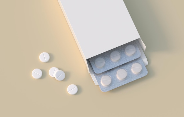 White circle pills in pack with two blisters in cardbox packaging Mockup template 3d rendering