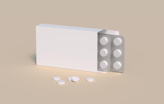 White circle pills in pack with two blisters in cardbox packaging Mockup template 3d rendering