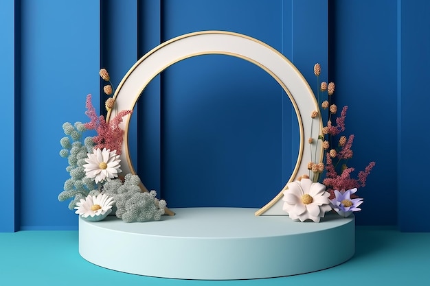 White Circle Podium for Product Display with Flowers