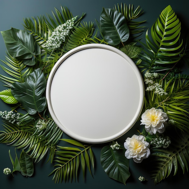 A white circle surrounded by green leaves Logo copy space