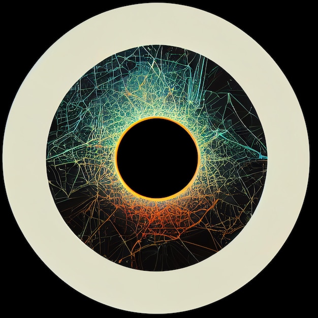 A white circle with a black background and a yellow and blue eye in the middle.