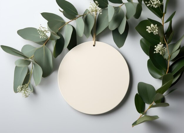 a white circle with eucalyptus leaves on it