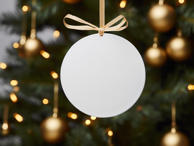 a white circle with a gold ribbon and bow from a tree