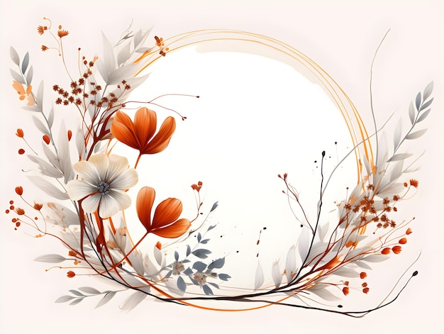 a white circle with orange and white flowers Abstract Rust color foliage background with negative