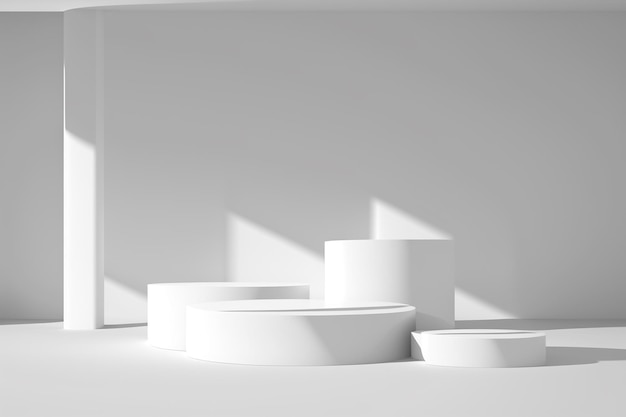 a white circle with a row of white stools in front of a white wall.