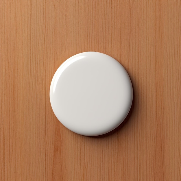 White circular badge mockup on wooden texture background blank white badge design for brand identity