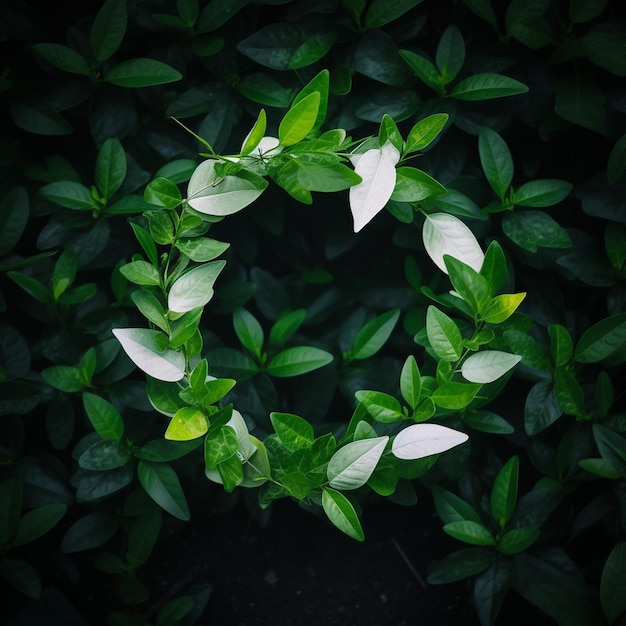 A white circular object with green leaves around it