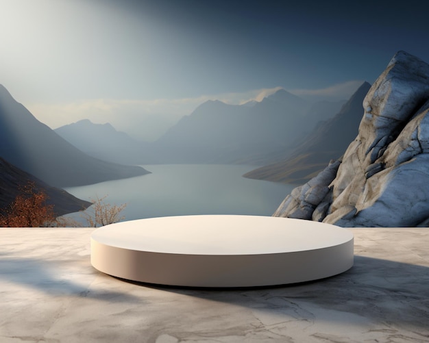 White circular podium on marble surface serene mountainlake view For product presentation