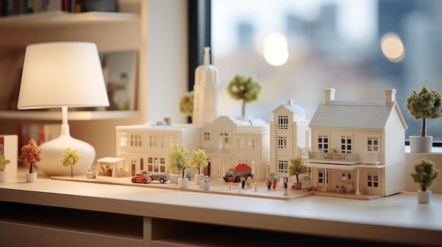 A white city model displayed next to a lamp on a window sill stand in room