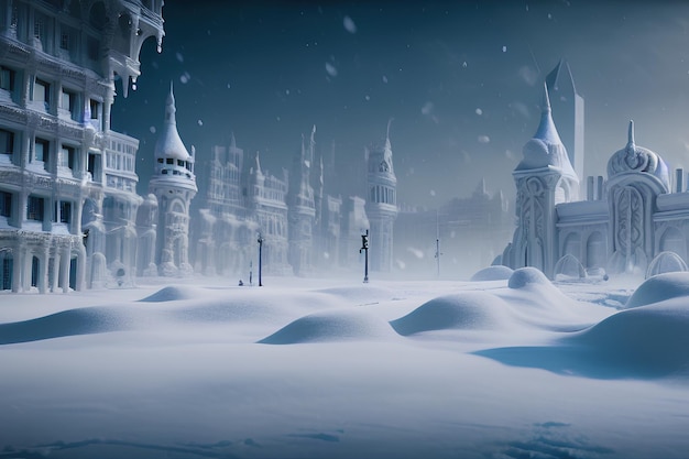 A white city on snow planet. Fairytale houses in an empty snowy city.