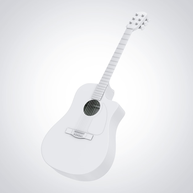 흰색 배경에 흰색 클레이 스타일 어쿠스틱 기타. 3d 렌더링