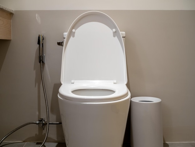 White clean ceramic toilet bowl front view with silver bidet shower or health faucet beside the bin in modern bathroom interior beige color