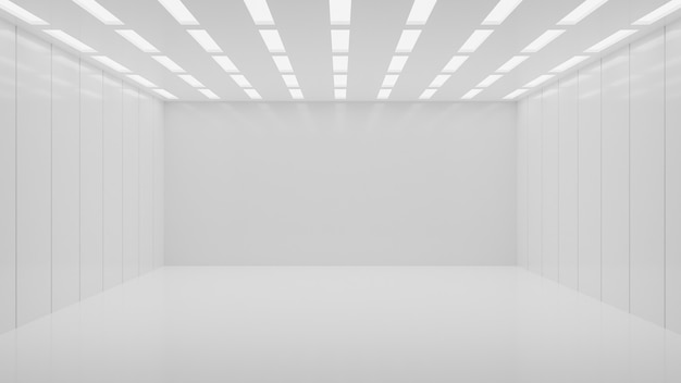 Prodotti minimalisti dell'esposizione della parete del fondo dello studio della stanza dello spazio interno di architettura vuota bianca bianca rendering 3d.