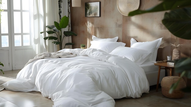 Белое чистое белье на большой двойной кровати