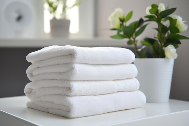 Белые чистые полотенца на столе в ванной Generative Ai