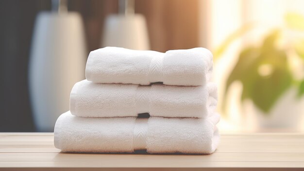 White clean towels on the wooden table in the bathroom