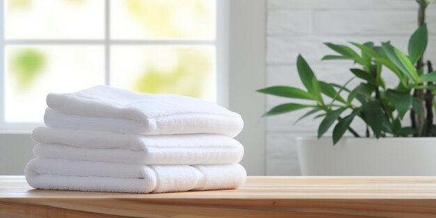 White clean towels on a wooden table in the bathroom