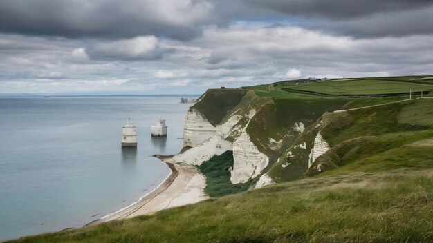 Photo white cliffs of dover covered in greenery under a cloudy sky in the uk