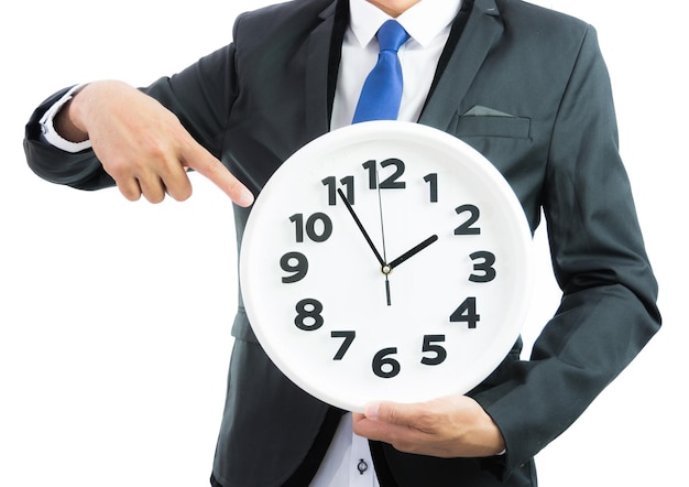 White clock holding in businessman hands isolated