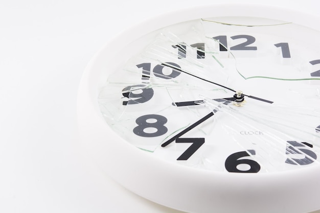 White clock is broken glass isolated