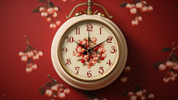 White Clock With Red Flowers on Red Wall