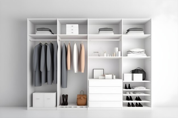 A white closet with a shelf that says " women's clothing " on it.