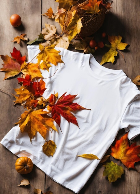 Foto un panno bianco con foglie d'autunno su di esso e un panto bianco sul tavolo