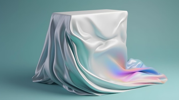 A white cloth with a rainbow pattern sits on a blue background.