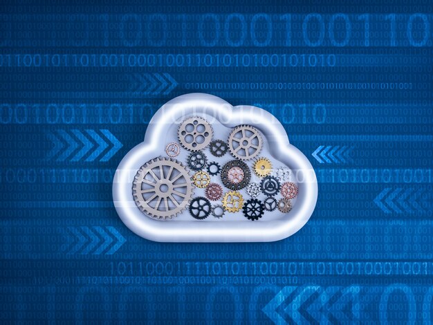 white cloud shape filled with gears on binary code background symbolizes cloud system management digital infrastructure automation data processing and modern it operations in cloud computing