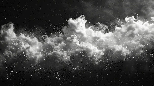 Белое облако дыма взрывается, вращается, танцует в космосе. Этот волшебный эффект текстуры туманной пыли может быть применен путем наложения и изменения прозрачности.