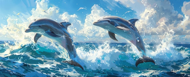 White clouds blue sea and jumping dolphins