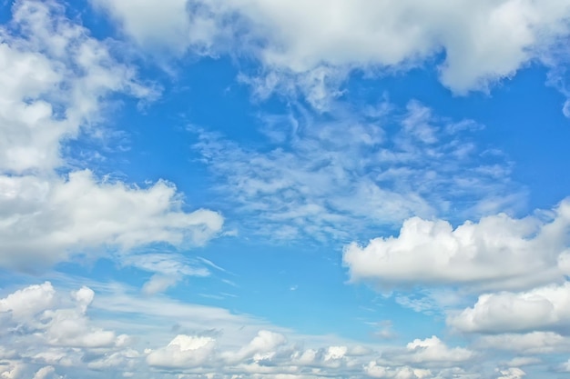 white clouds on blue sky background, abstract seasonal wallpaper, sunny day atmosphere